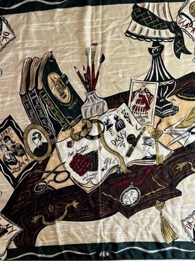 Vintage Donna Karan 100% Silk Decorative Scarf Cream, Black,Brown, Gold Accents